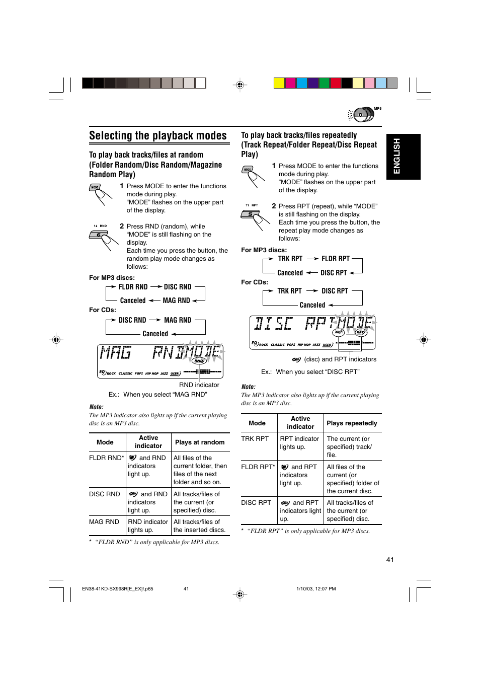 Selecting the playback modes | JVC CD Receiver KD-SX997R User Manual | Page 41 / 56