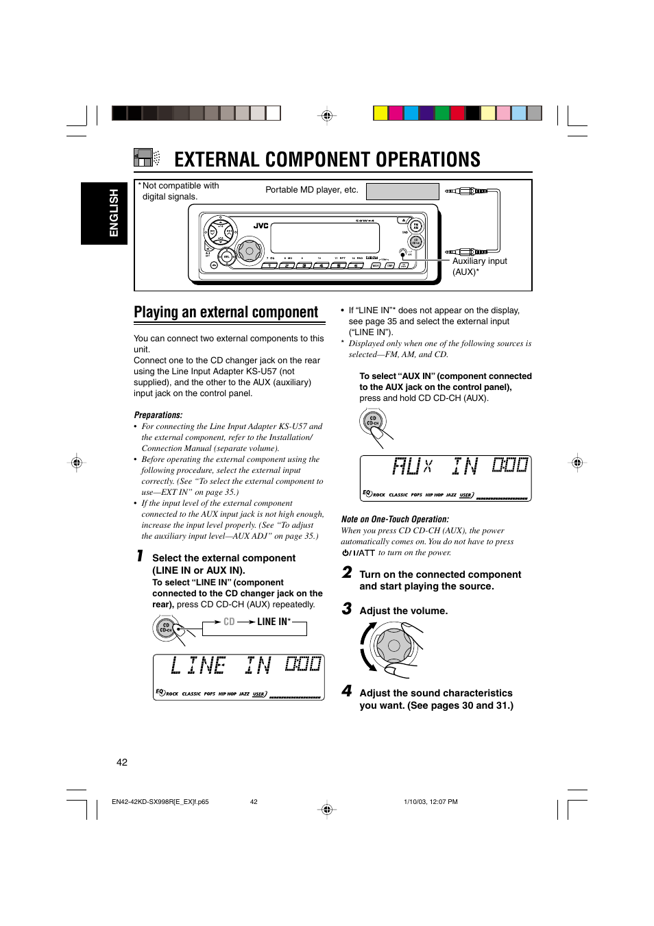 External component operations, Playing an external component | JVC CD Receiver KD-SX997R User Manual | Page 42 / 56