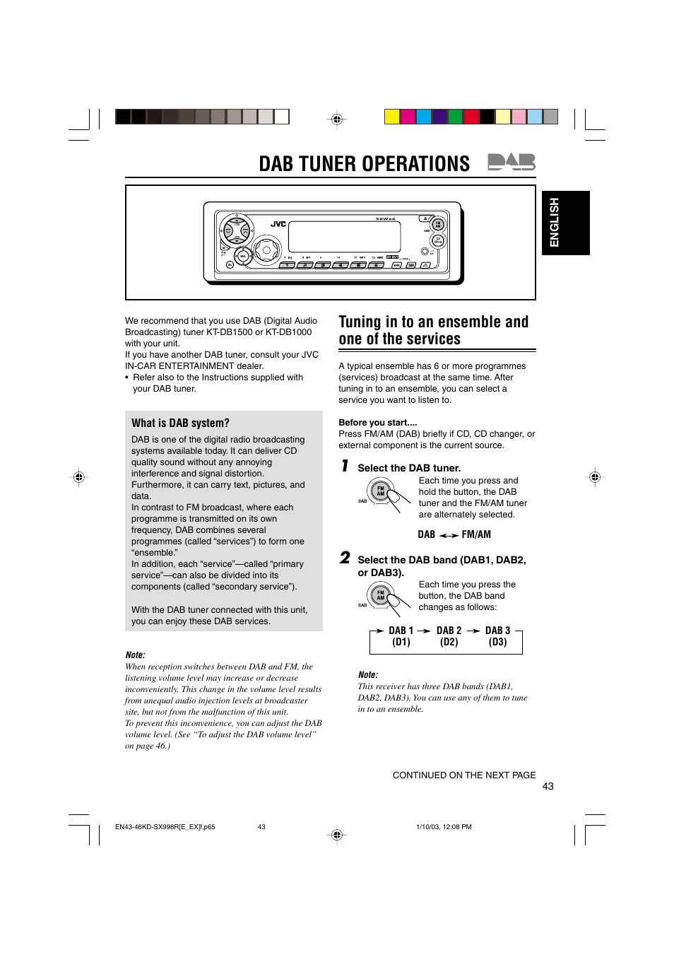 Dab tuner operations, Tuning in to an ensemble and one of the services | JVC CD Receiver KD-SX997R User Manual | Page 43 / 56