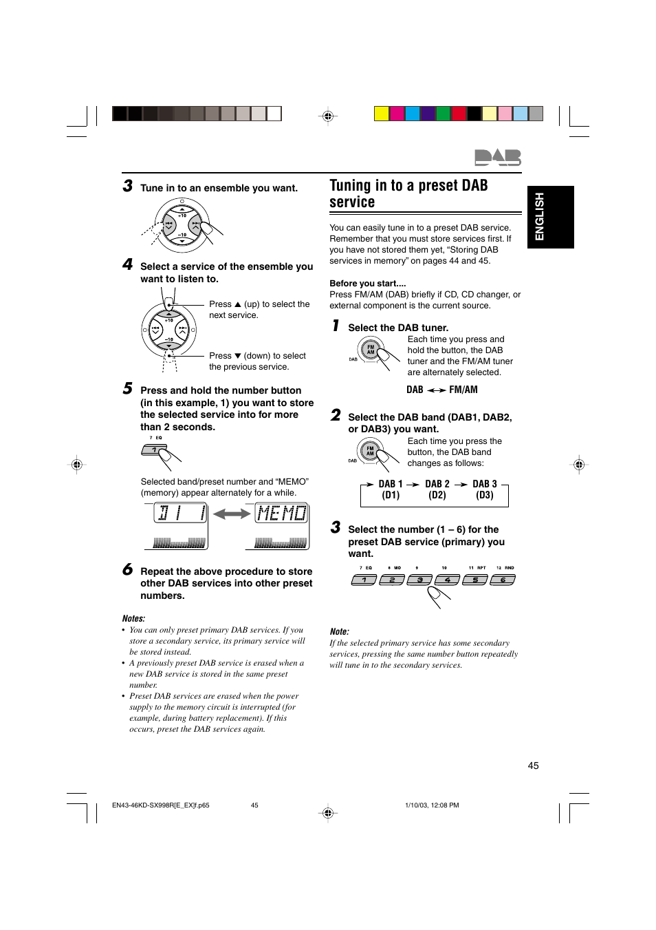 Tuning in to a preset dab service | JVC CD Receiver KD-SX997R User Manual | Page 45 / 56