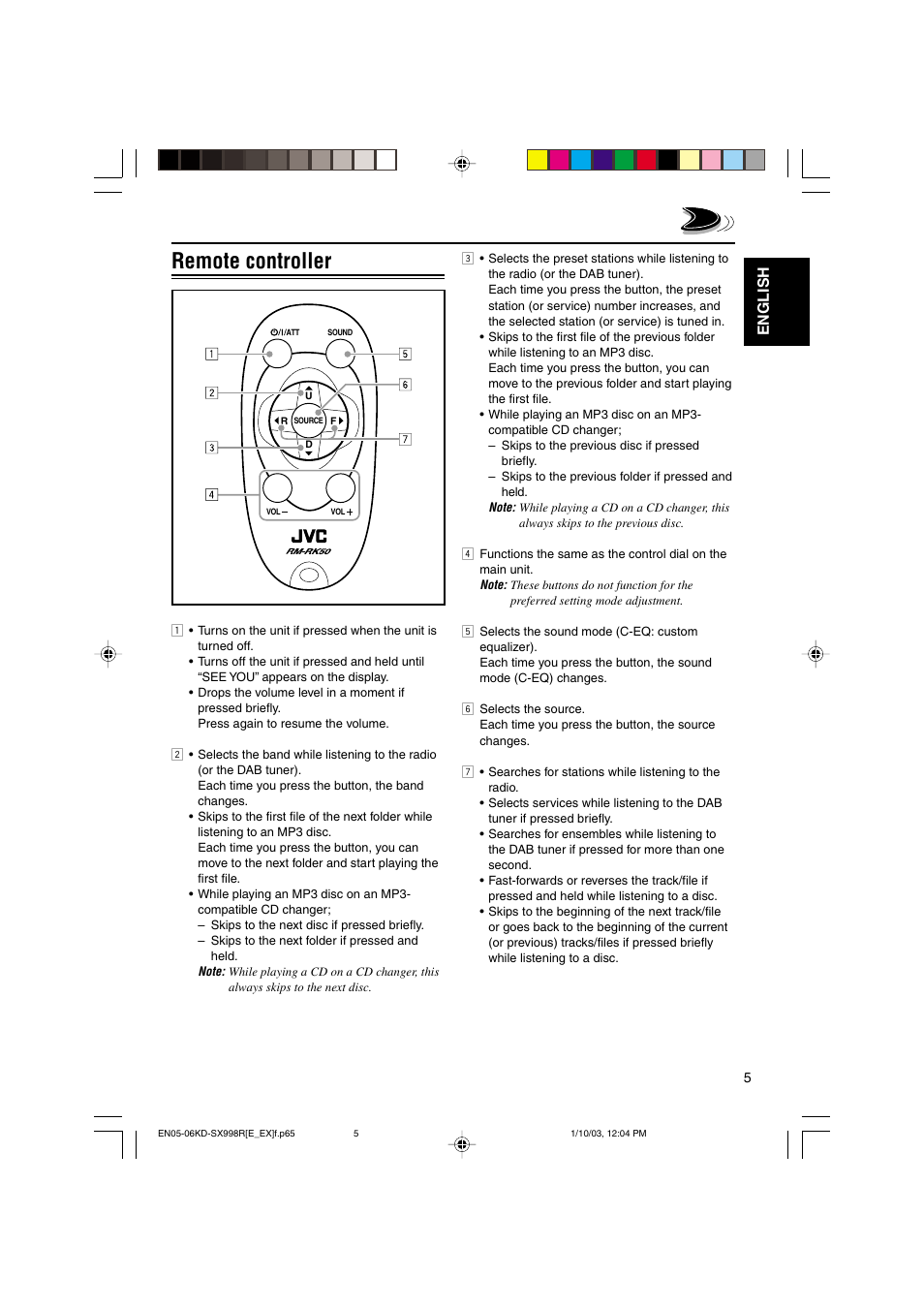Remote controller, English | JVC CD Receiver KD-SX997R User Manual | Page 5 / 56