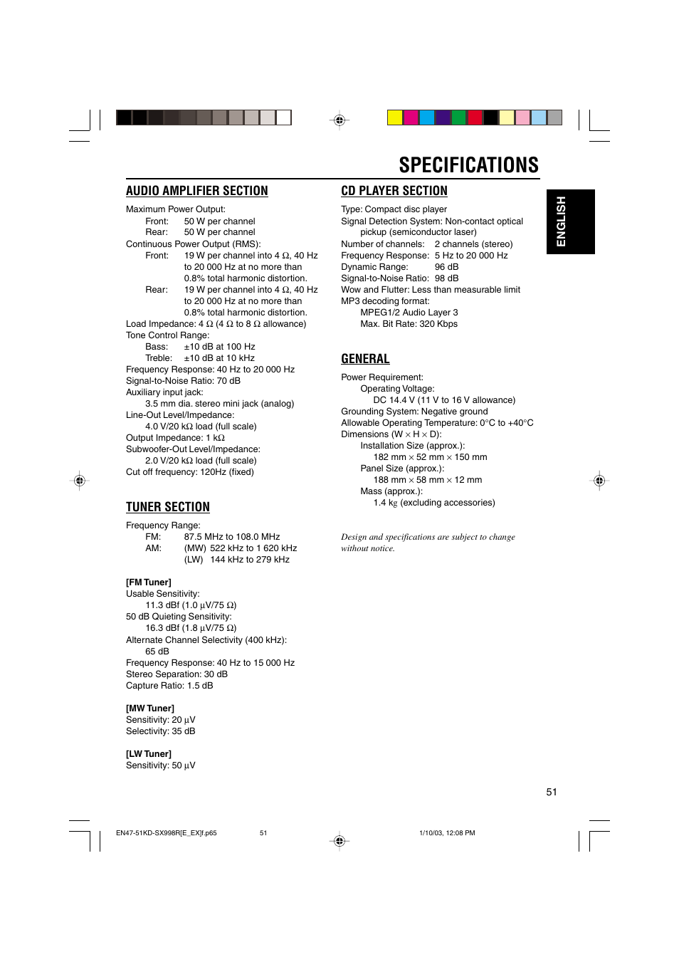 Specifications, General, English | JVC CD Receiver KD-SX997R User Manual | Page 51 / 56