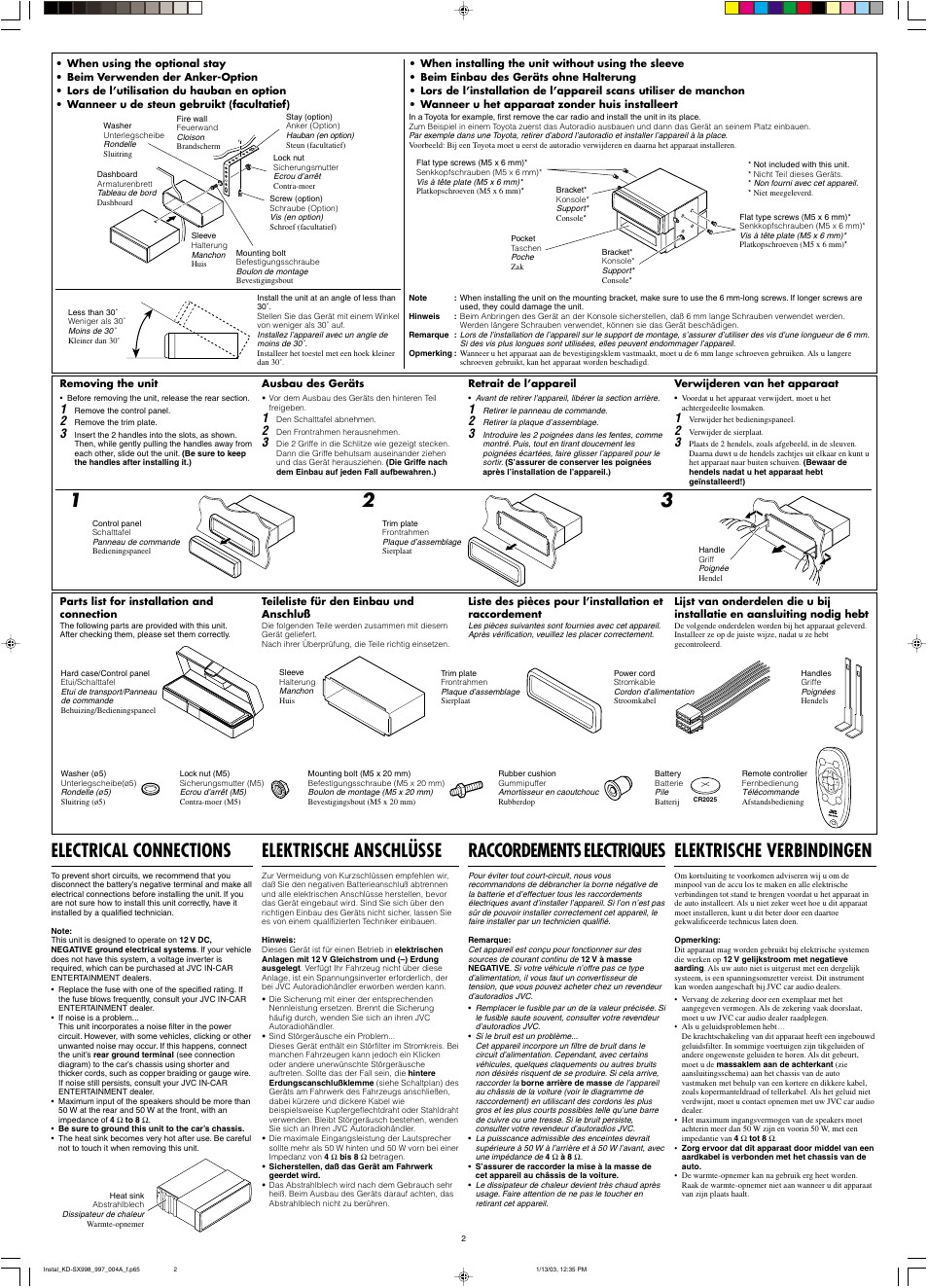 Electrical connections, Raccordements electriques, Elektrische anschlüsse | Elektrische verbindingen | JVC CD Receiver KD-SX997R User Manual | Page 54 / 56