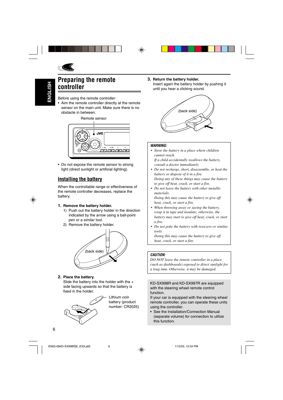 Preparing the remote controller, Installing the battery, English | JVC CD Receiver KD-SX997R User Manual | Page 6 / 56