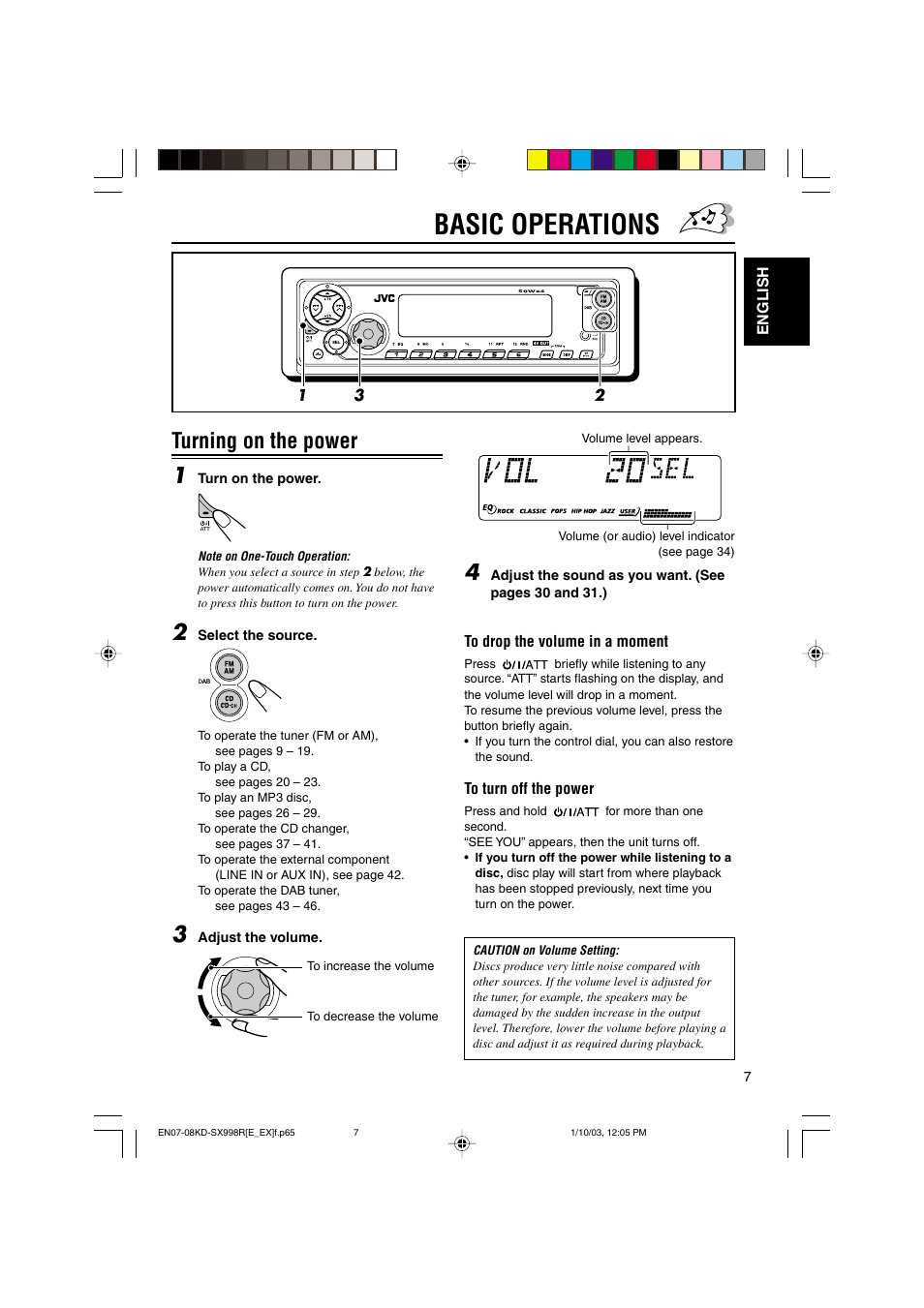 Basic operations, Turning on the power 1 | JVC CD Receiver KD-SX997R User Manual | Page 7 / 56