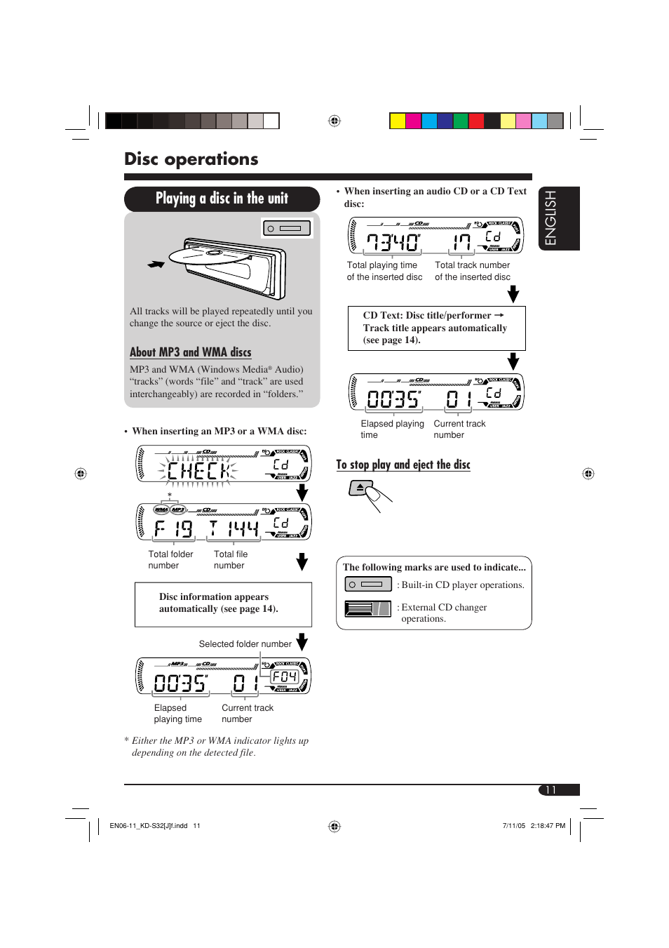 Disc operations, Playing a disc in the unit, English | JVC GET0321-001A User Manual | Page 11 / 54