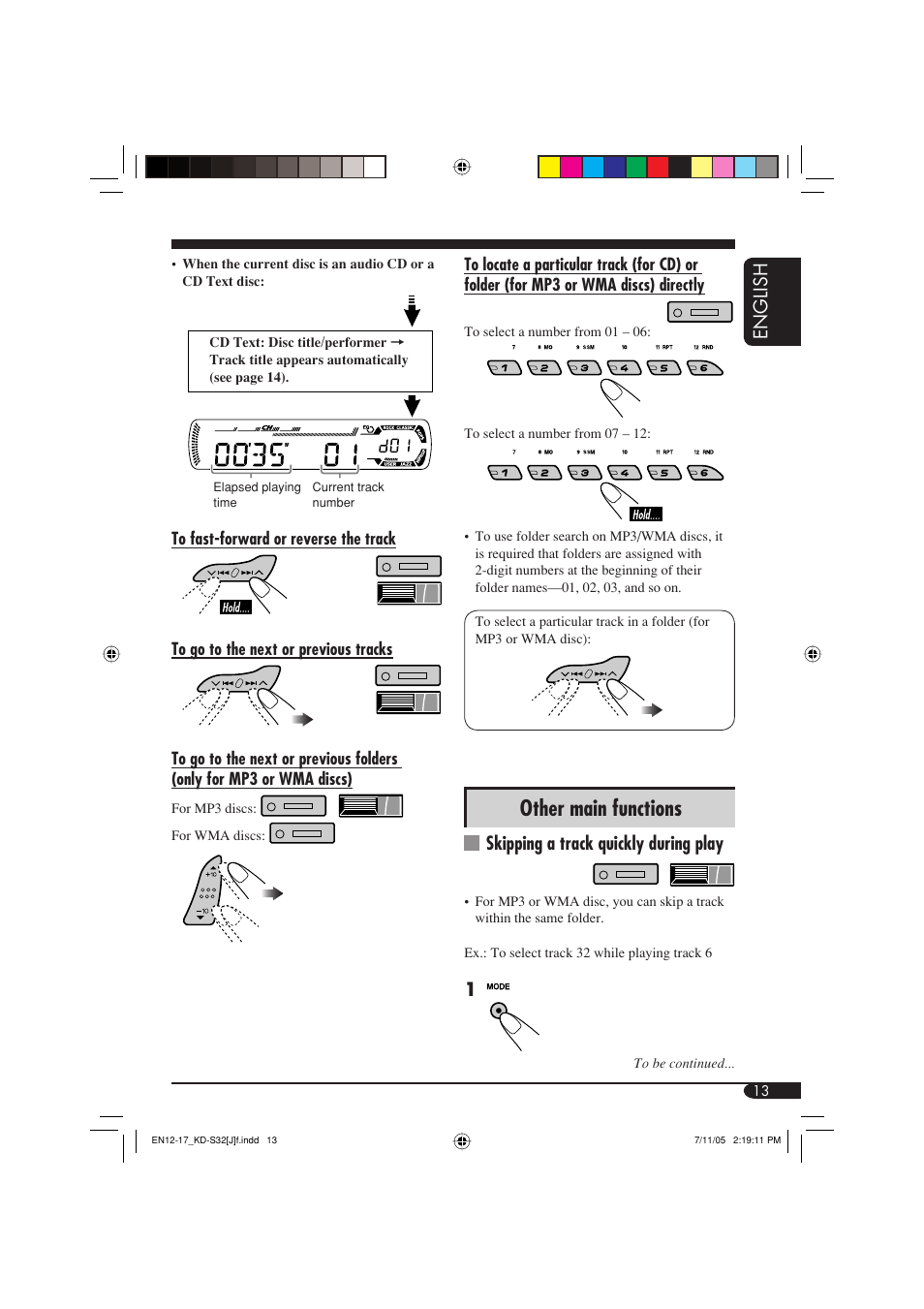 Other main functions, English, Skipping a track quickly during play | JVC GET0321-001A User Manual | Page 13 / 54