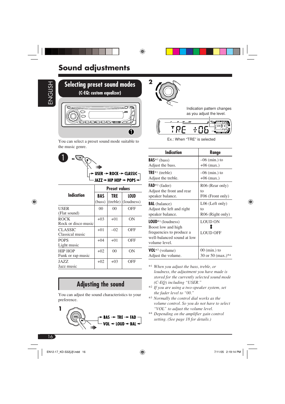 Sound adjustments, Adjusting the sound, Selecting preset sound modes | English 2 | JVC GET0321-001A User Manual | Page 16 / 54