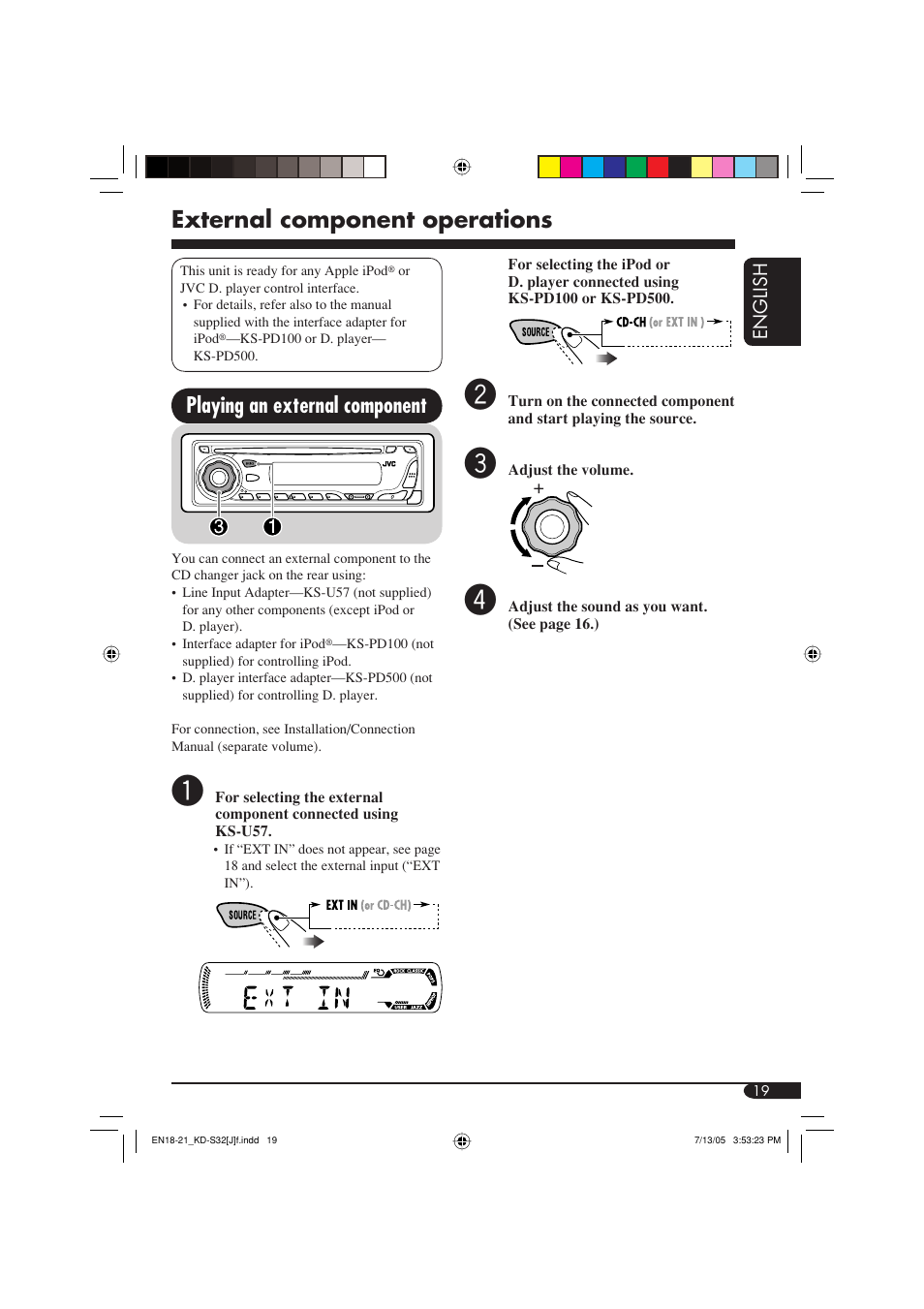 External component operations, Playing an external component | JVC GET0321-001A User Manual | Page 19 / 54