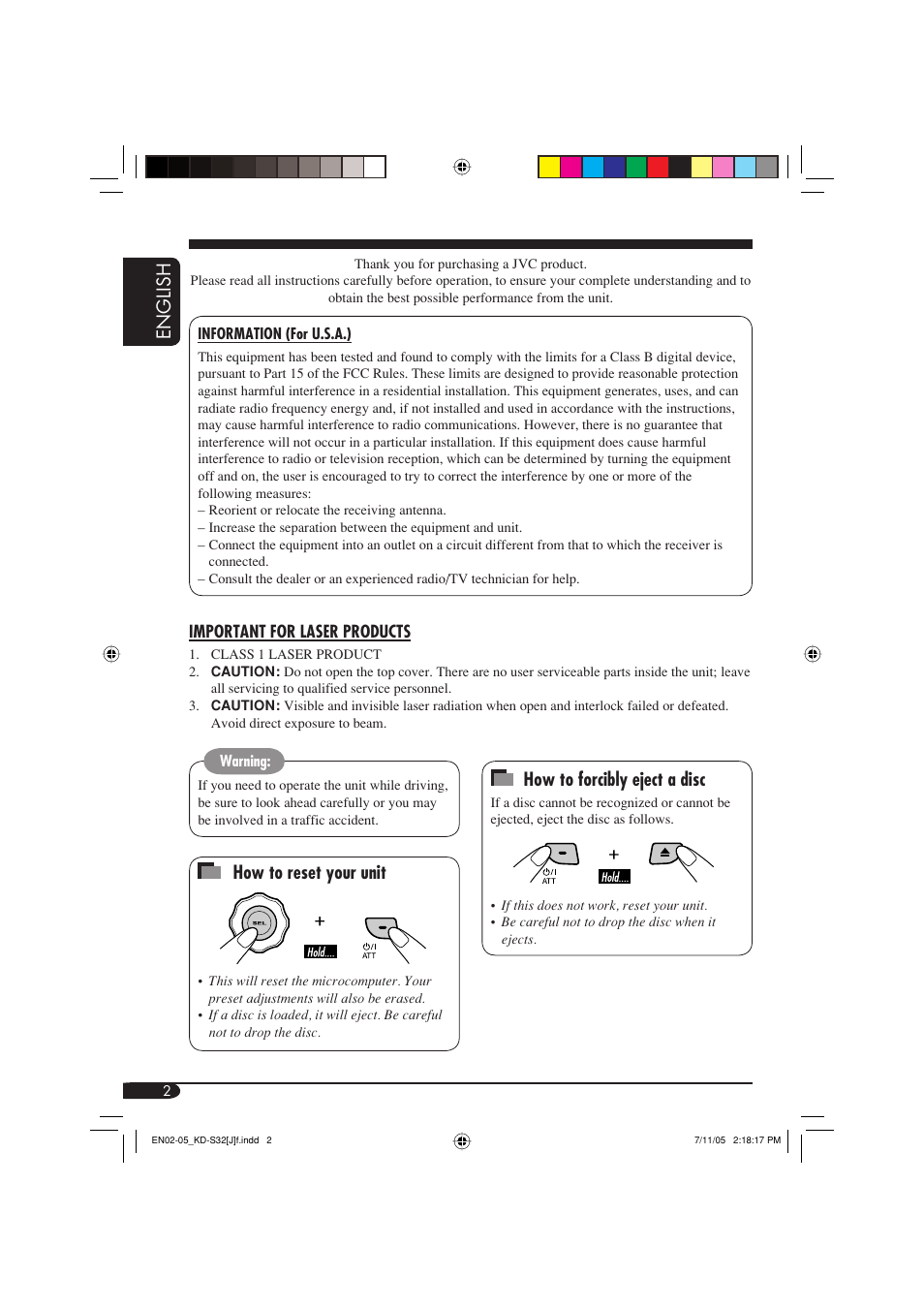 English how to forcibly eject a disc, How to reset your unit | JVC GET0321-001A User Manual | Page 2 / 54