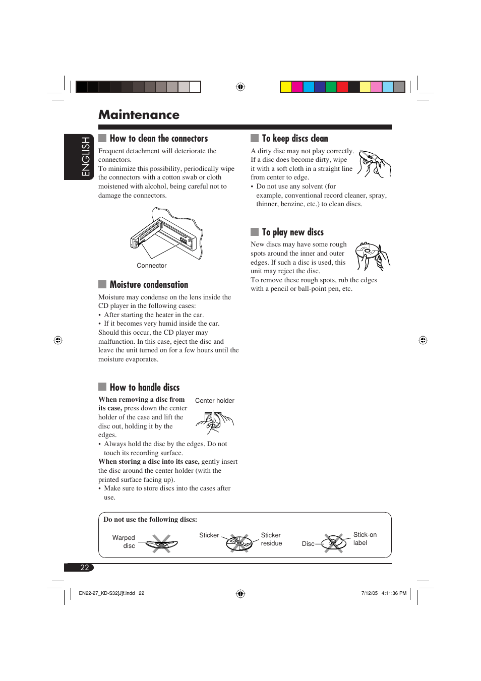 Maintenance, English, How to clean the connectors | Moisture condensation, How to handle discs | JVC GET0321-001A User Manual | Page 22 / 54