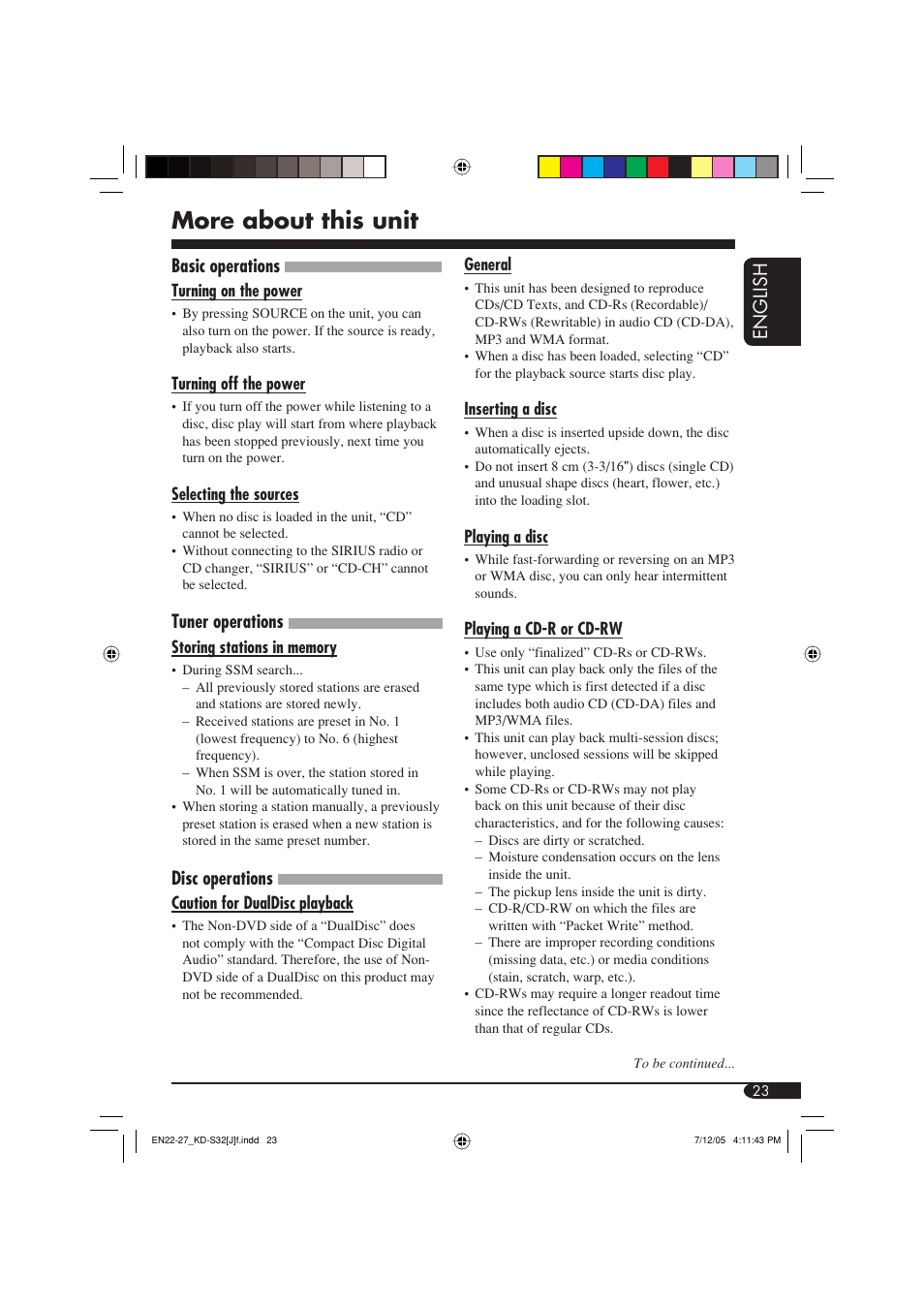 More about this unit, English, Basic operations | Tuner operations, Disc operations | JVC GET0321-001A User Manual | Page 23 / 54