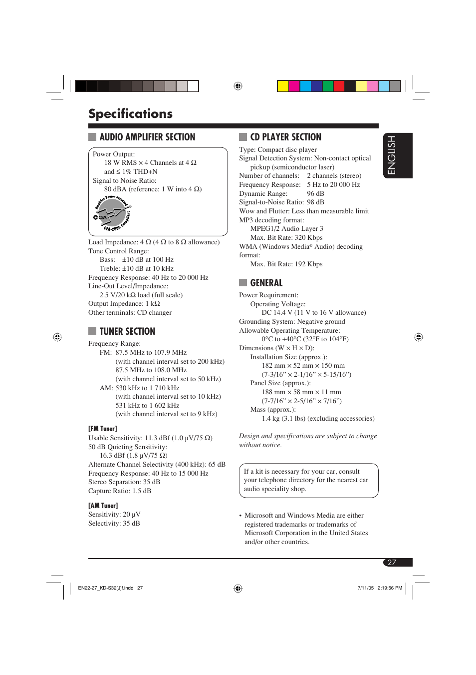 Specifications, English, General | JVC GET0321-001A User Manual | Page 27 / 54