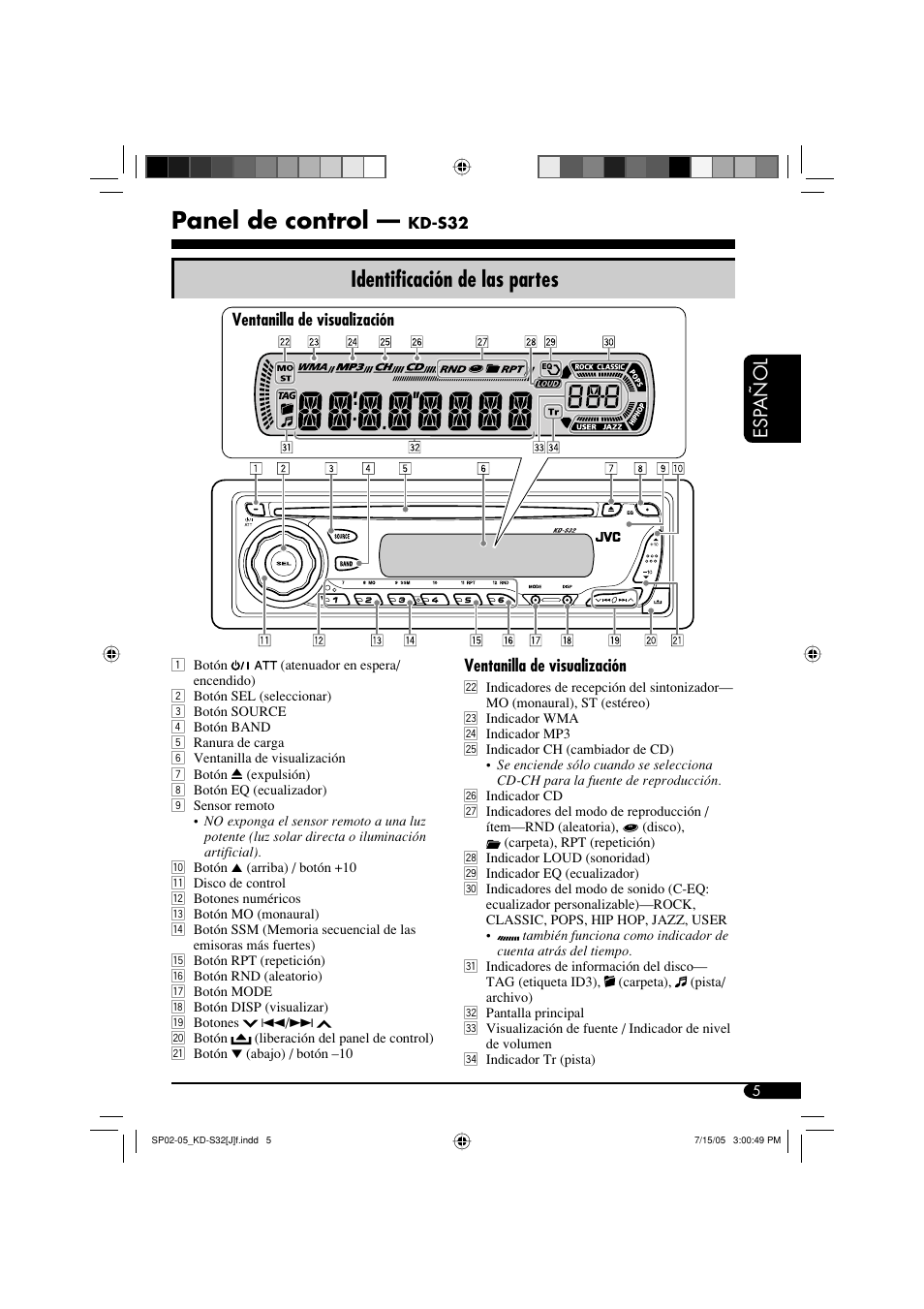 Panel de control, Identificación de las partes, Esp añol | JVC GET0321-001A User Manual | Page 31 / 54