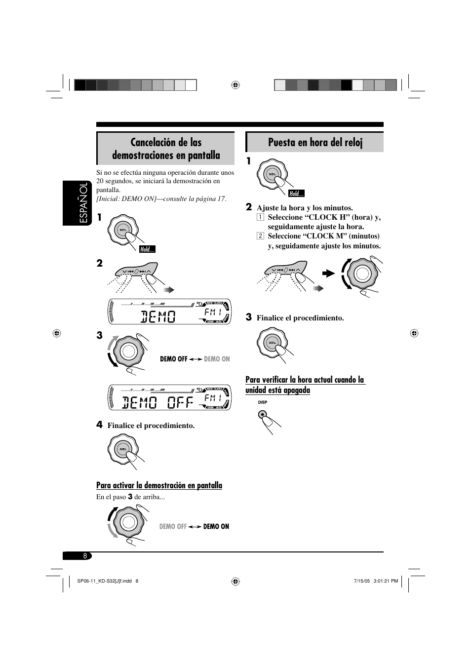 Cancelación de las demostraciones en pantalla, Puesta en hora del reloj | JVC GET0321-001A User Manual | Page 34 / 54