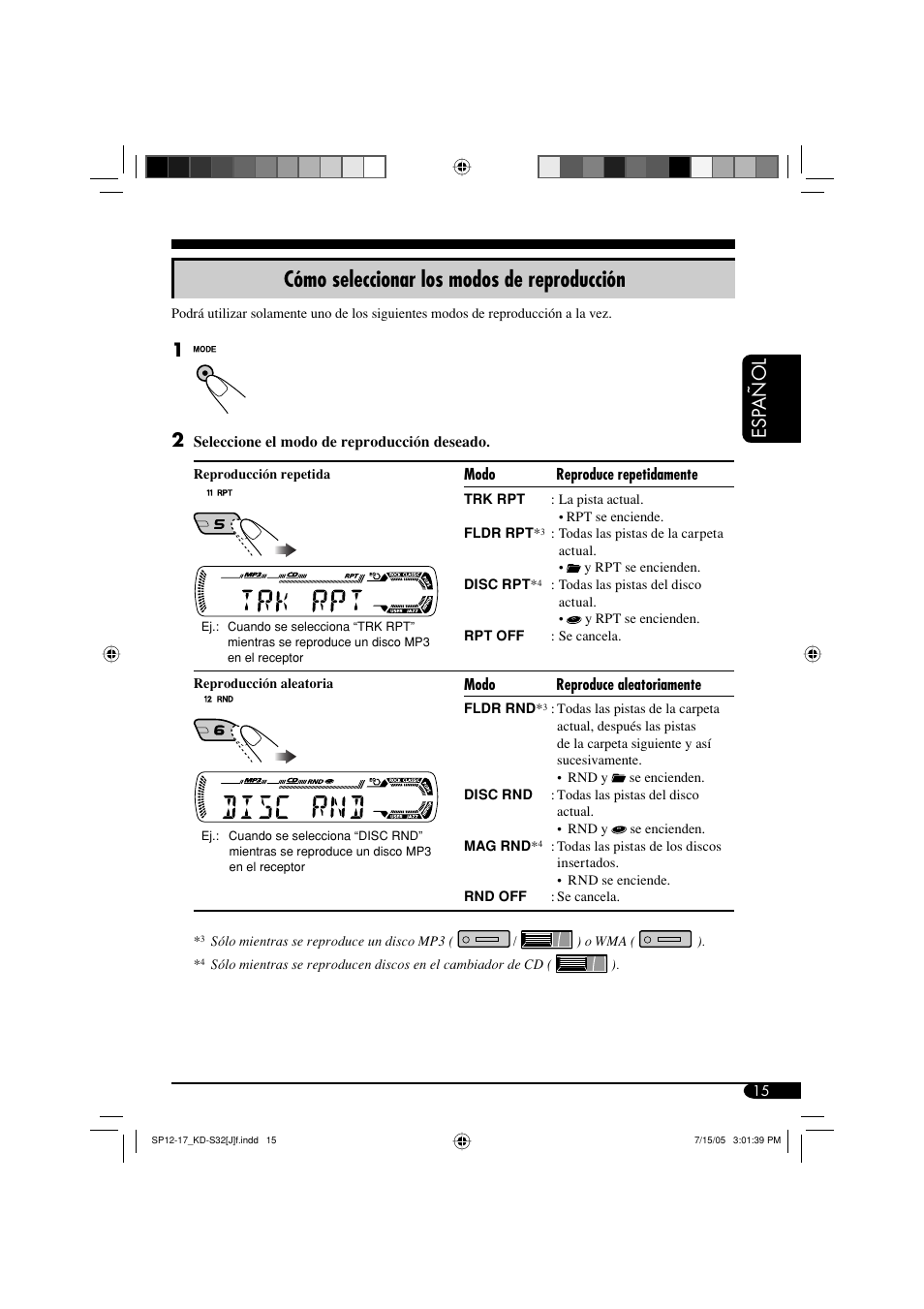 Cómo seleccionar los modos de reproducción, Esp añol | JVC GET0321-001A User Manual | Page 41 / 54