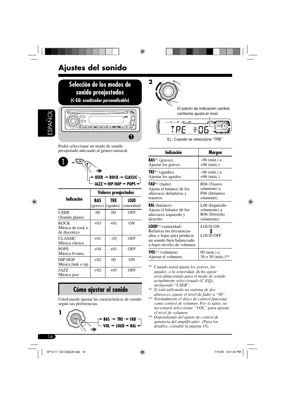 Ajustes del sonido, Cómo ajustar el sonido, Selección de los modos de sonido preajustados | Esp añol 2 | JVC GET0321-001A User Manual | Page 42 / 54