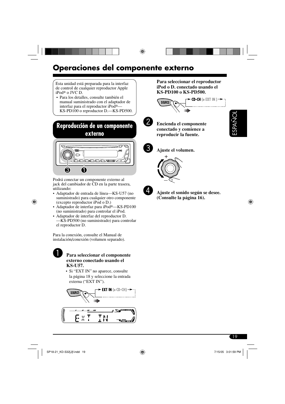 Operaciones del componente externo, Reproducción de un componente externo | JVC GET0321-001A User Manual | Page 45 / 54