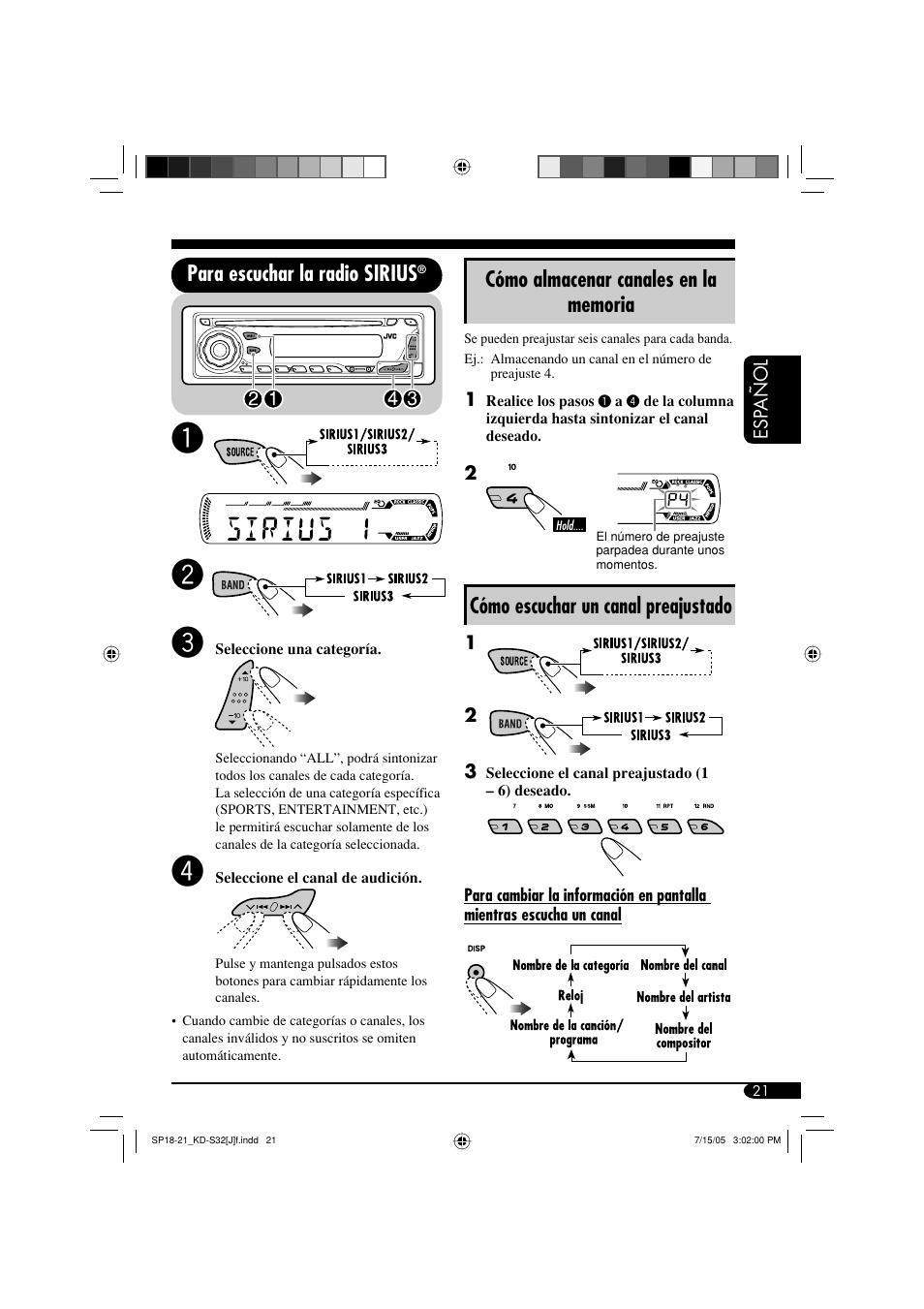 Para escuchar la radio sirius, Cómo escuchar un canal preajustado | JVC GET0321-001A User Manual | Page 47 / 54