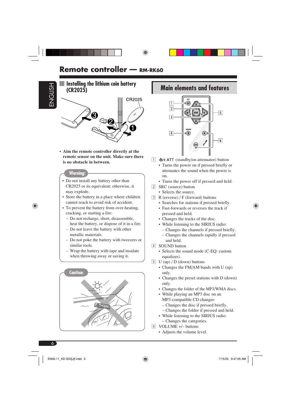 Remote controller, Main elements and features, English | Installing the lithium coin battery (cr2025) | JVC GET0321-001A User Manual | Page 6 / 54