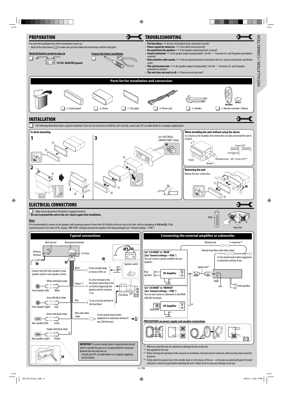 Preparation, Installation, Troubleshooting | Electrical connections, Installation / connection | JVC GET0697-001A User Manual | Page 4 / 4