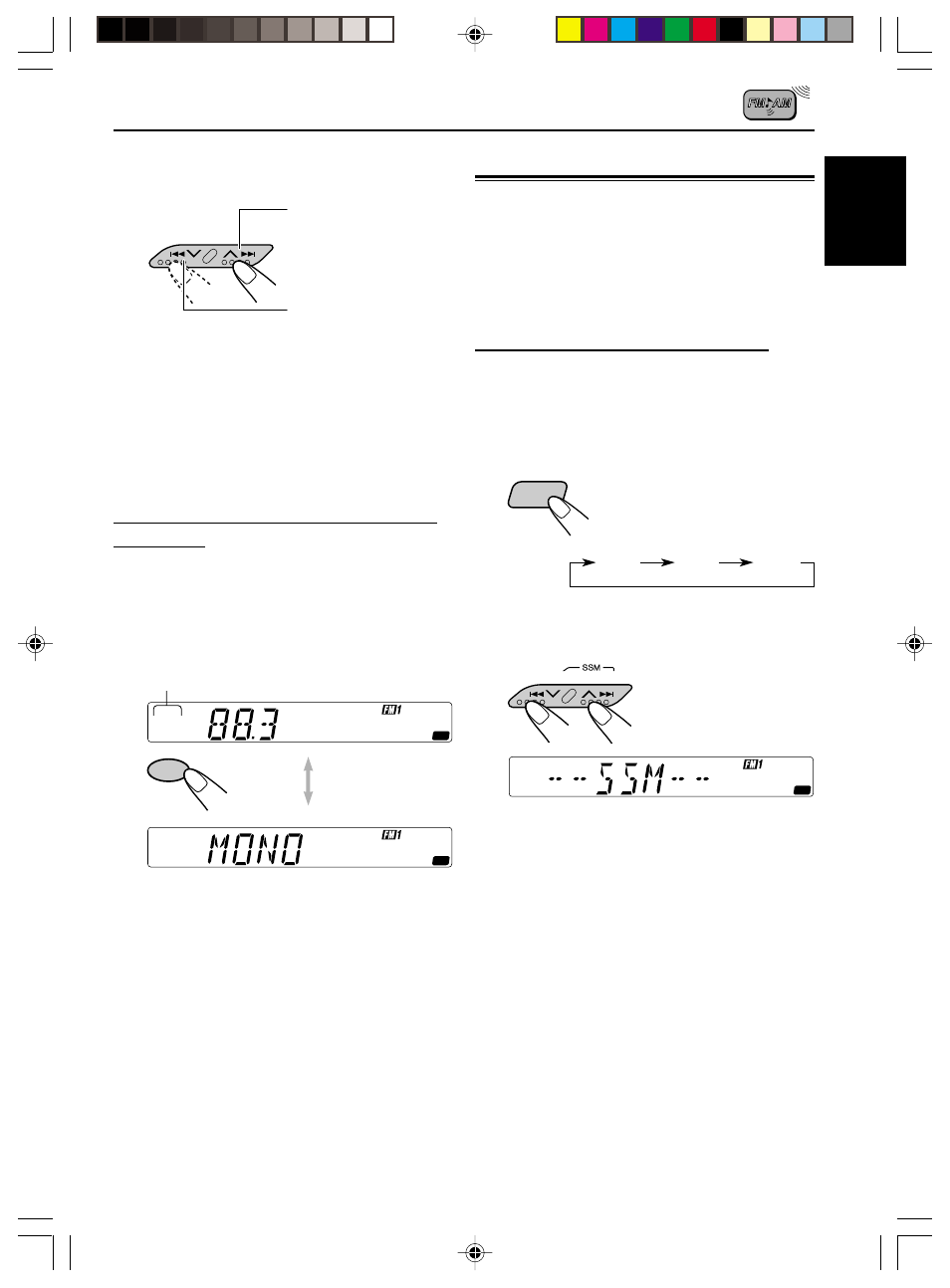 Storing stations in memory, Fm station automatic preset: ssm, When an fm stereo broadcast is hard to receive | Fm1 fm2 fm3, English | JVC KS-FX210 User Manual | Page 7 / 56