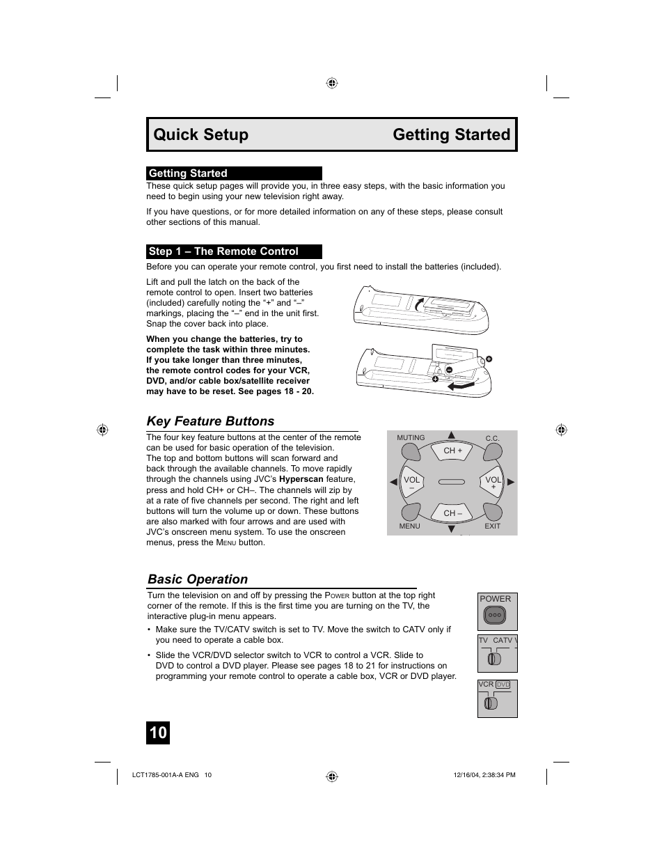 Quick setup getting started, Key feature buttons, Basic operation | JVC AV 20F476 User Manual | Page 10 / 52