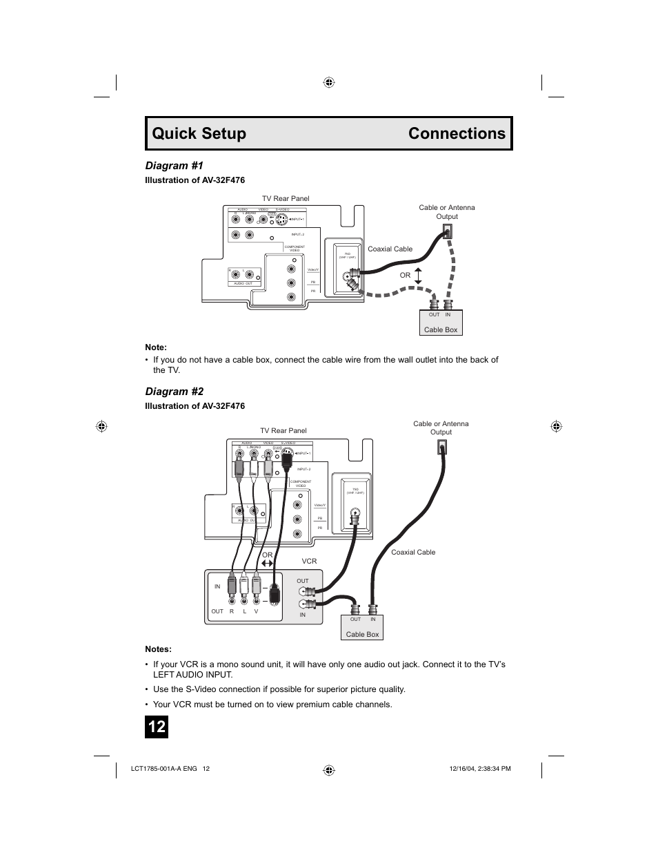 Quick setup connections, Diagram #1, Diagram #2 | JVC AV 20F476 User Manual | Page 12 / 52