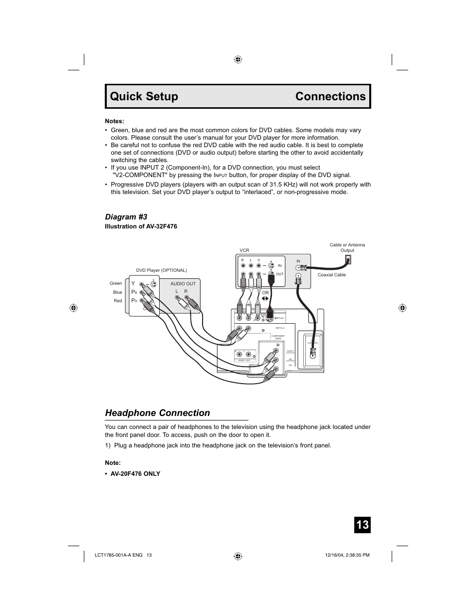 Quick setup connections, Headphone connection, Diagram #3 | JVC AV 20F476 User Manual | Page 13 / 52