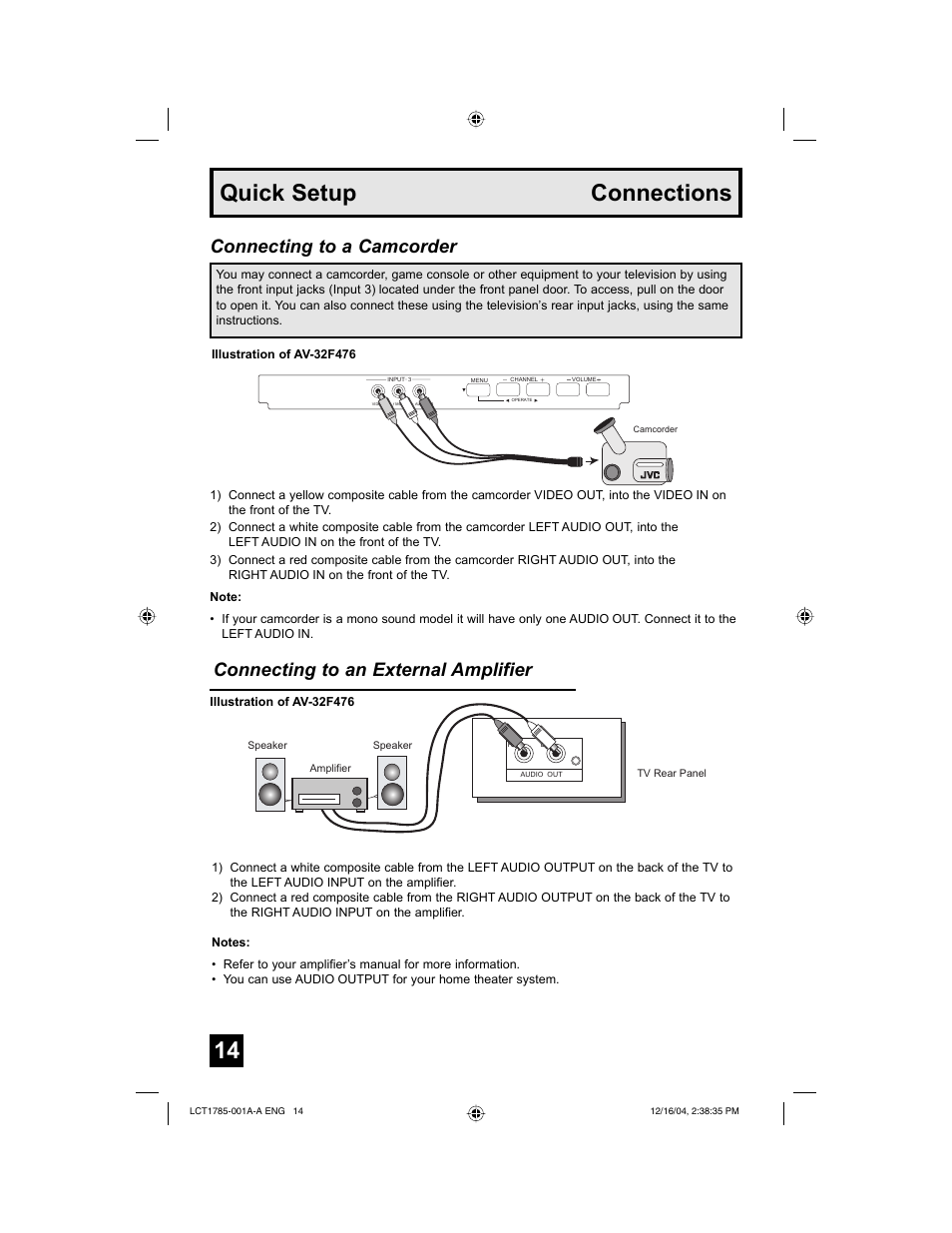 Quick setup connections, Connecting to a camcorder, Connecting to an external amplifier | JVC AV 20F476 User Manual | Page 14 / 52