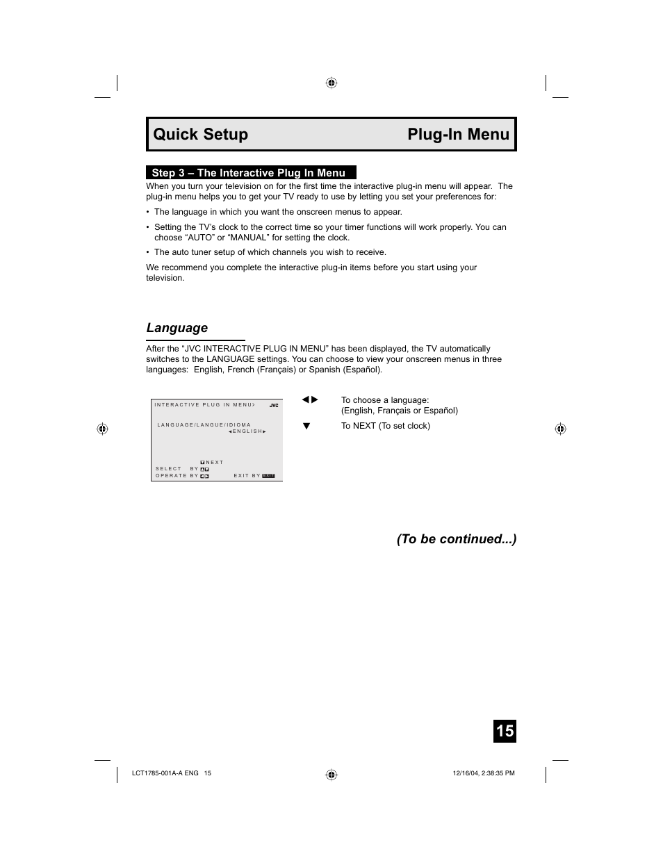 Quick setup plug-in menu, Language (to be continued...) | JVC AV 20F476 User Manual | Page 15 / 52