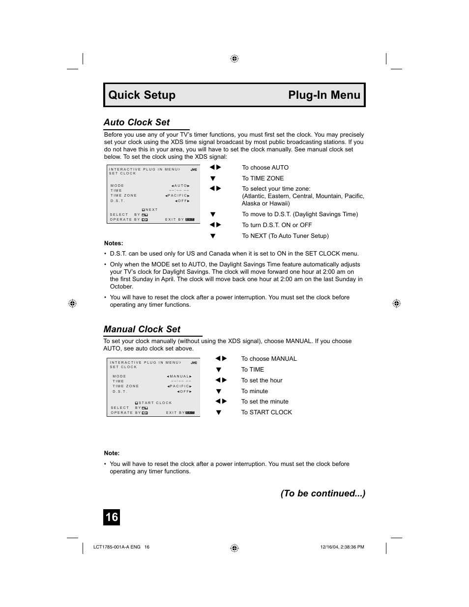 Quick setup plug-in menu, Manual clock set, Auto clock set (to be continued...) | JVC AV 20F476 User Manual | Page 16 / 52