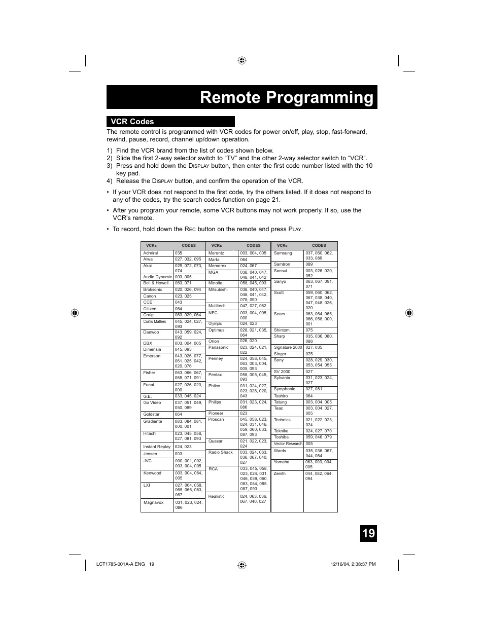 Remote programming, Vcr codes | JVC AV 20F476 User Manual | Page 19 / 52