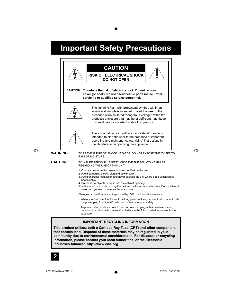 Important safety precautions, Caution | JVC AV 20F476 User Manual | Page 2 / 52