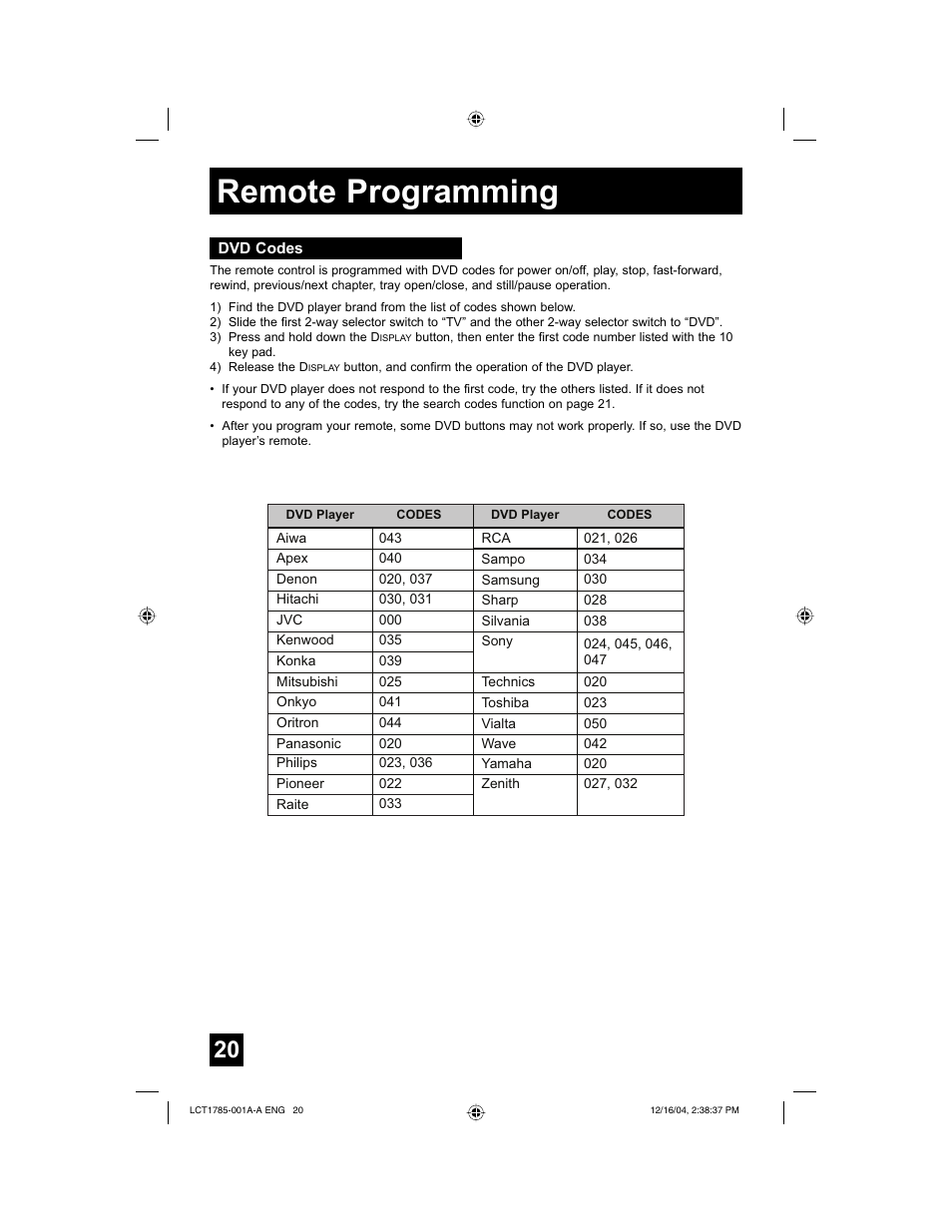 Remote programming | JVC AV 20F476 User Manual | Page 20 / 52