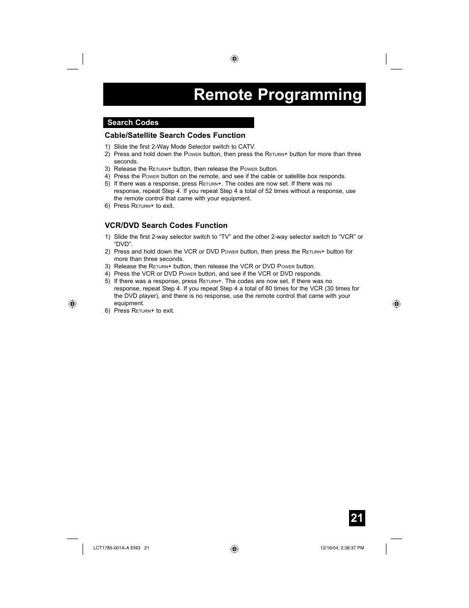 Remote programming | JVC AV 20F476 User Manual | Page 21 / 52
