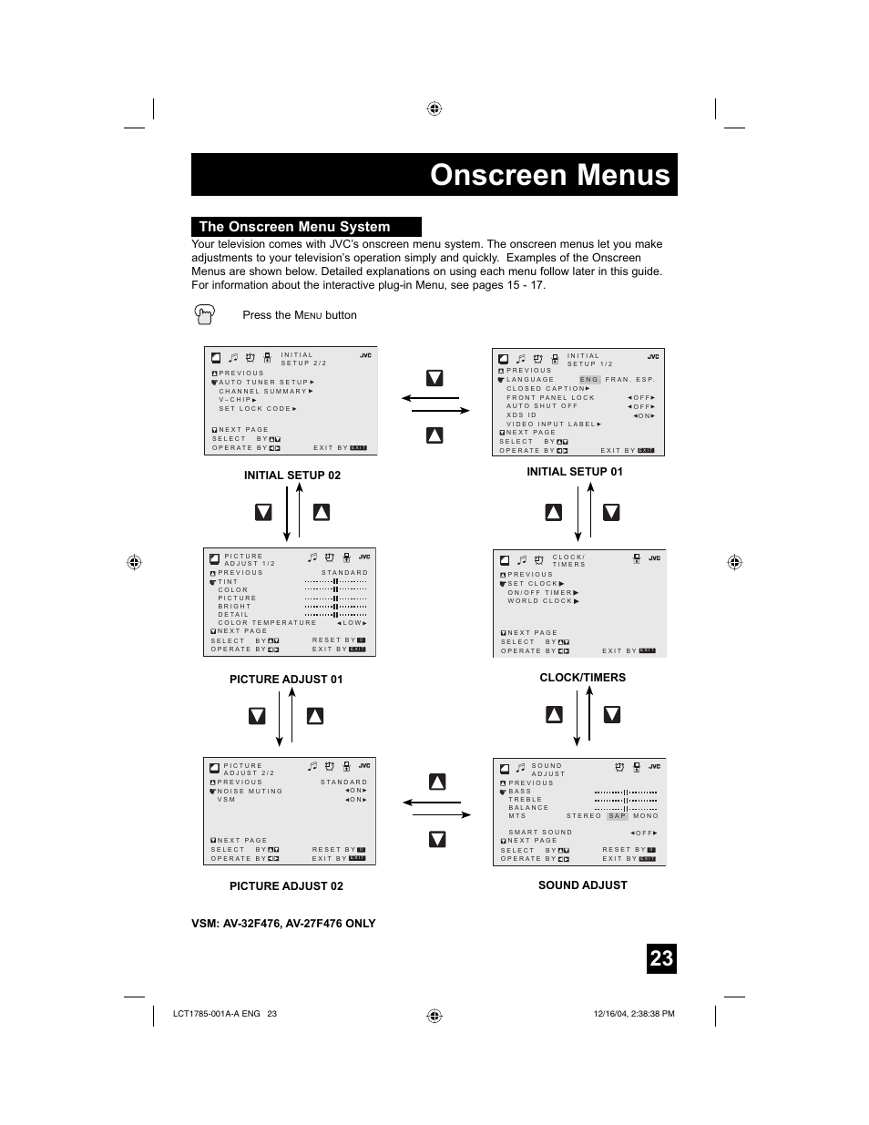 Onscreen menus, The onscreen menu system, Press the m | Button | JVC AV 20F476 User Manual | Page 23 / 52