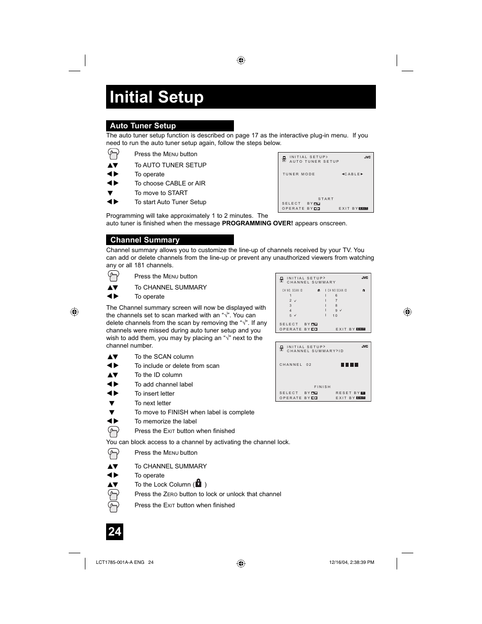 Initial setup, Auto tuner setup, Channel summary | JVC AV 20F476 User Manual | Page 24 / 52