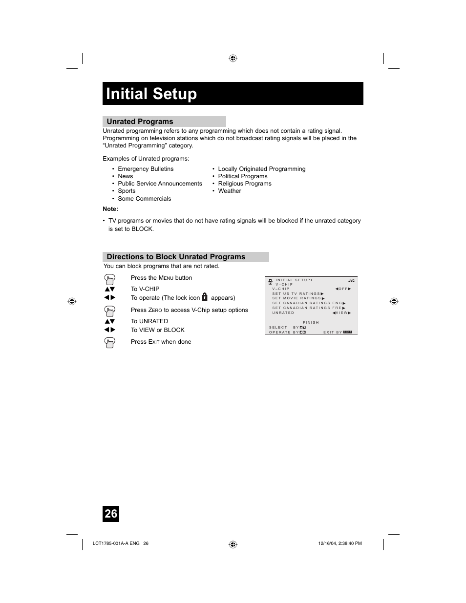 Initial setup, Directions to block unrated programs, Unrated programs | JVC AV 20F476 User Manual | Page 26 / 52