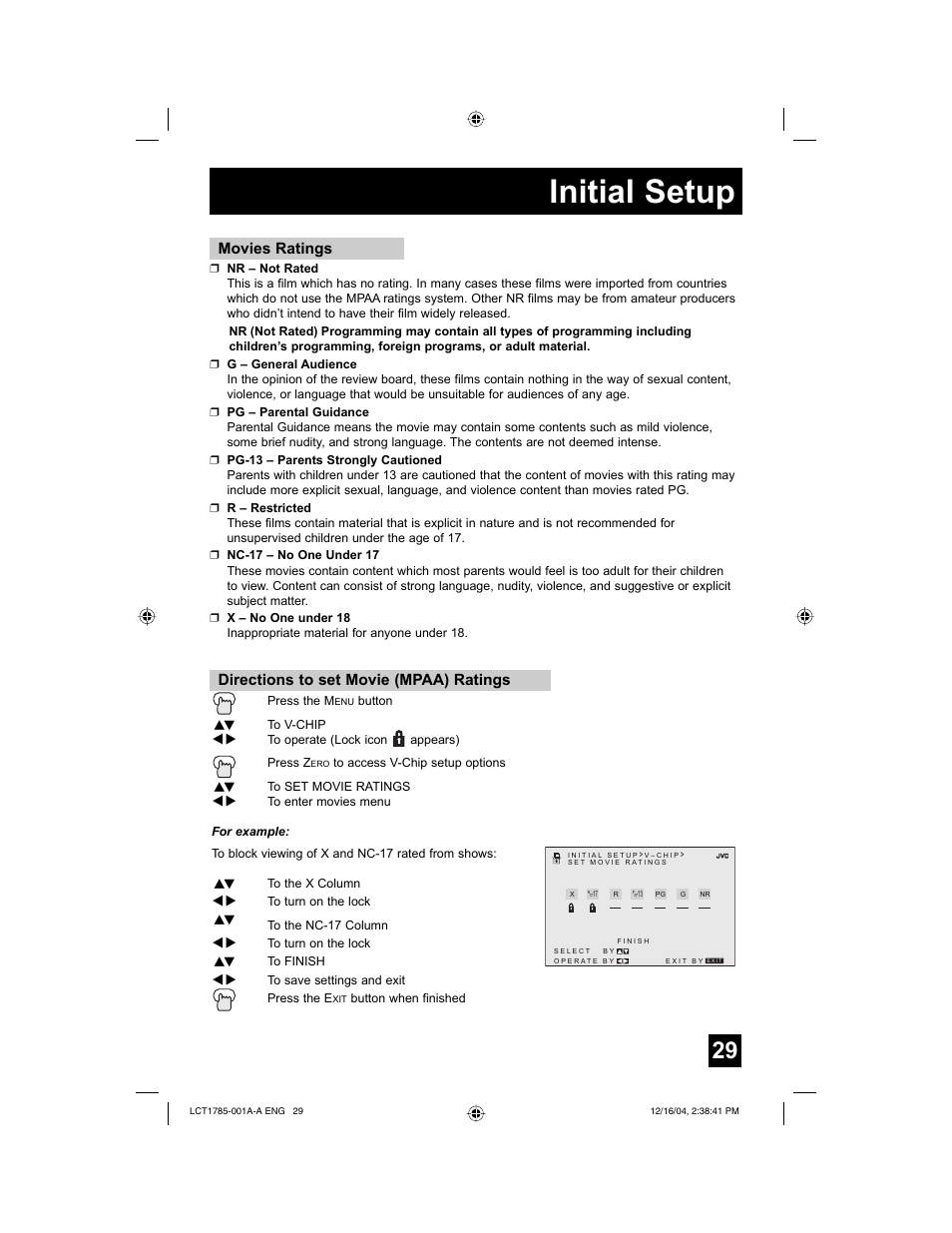 Initial setup, Movies ratings, Directions to set movie (mpaa) ratings | JVC AV 20F476 User Manual | Page 29 / 52