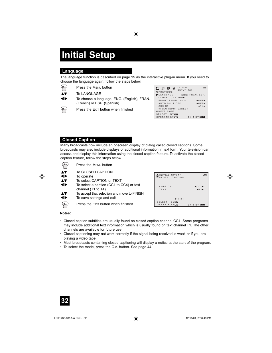 Initial setup, Language, Closed caption | JVC AV 20F476 User Manual | Page 32 / 52