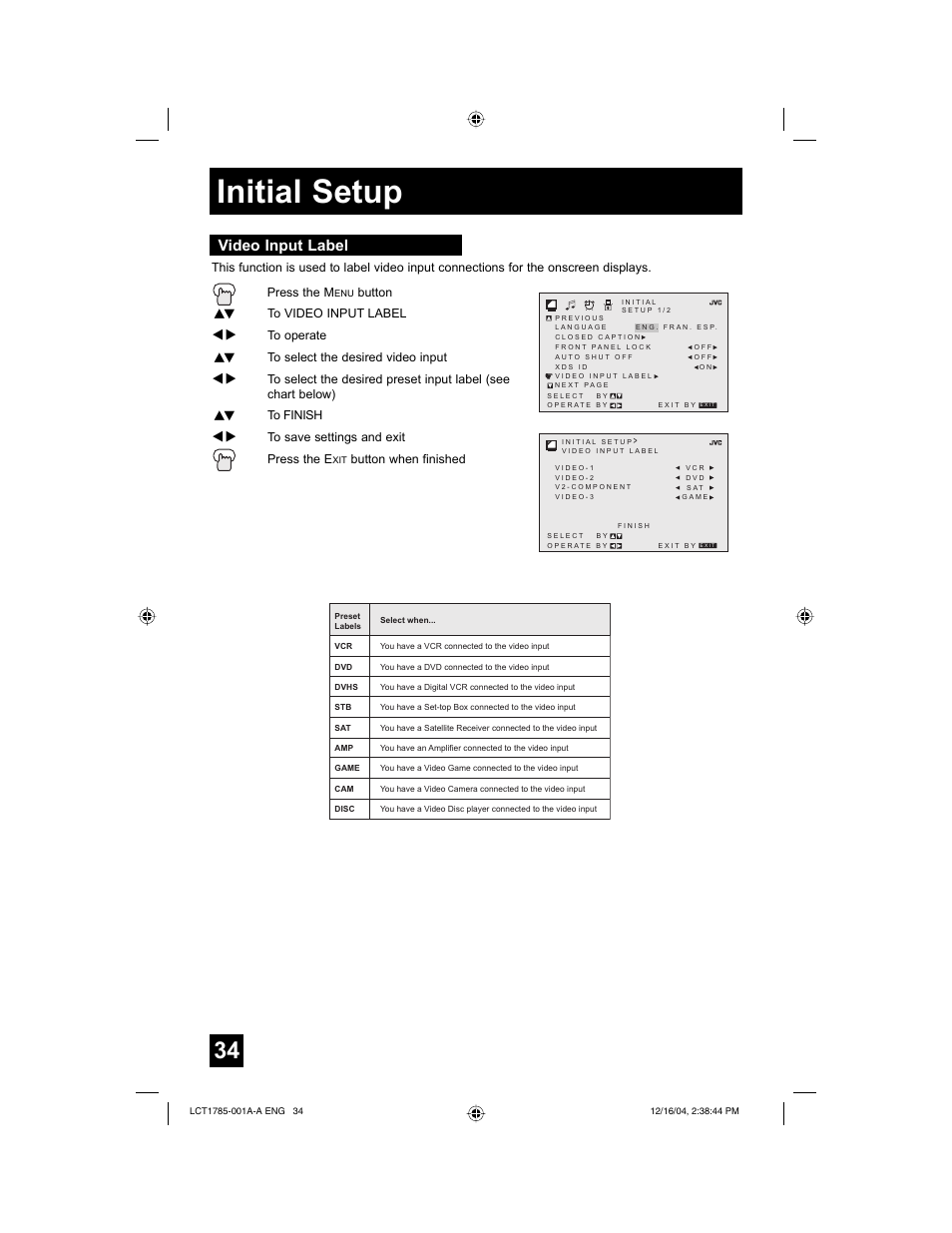 Initial setup, Video input label | JVC AV 20F476 User Manual | Page 34 / 52