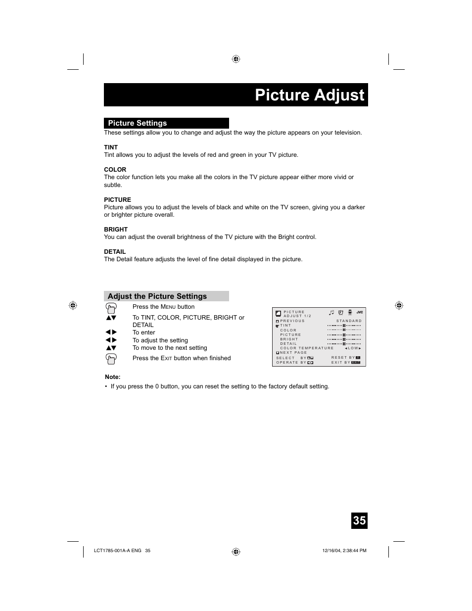 Picture adjust, Picture settings adjust the picture settings | JVC AV 20F476 User Manual | Page 35 / 52