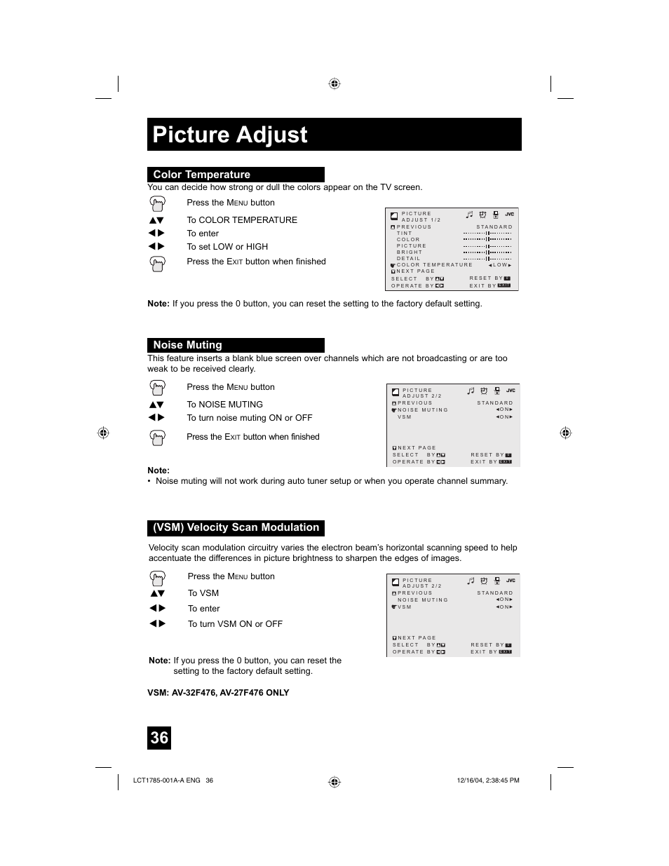 Picture adjust, Noise muting, Color temperature | Vsm) velocity scan modulation | JVC AV 20F476 User Manual | Page 36 / 52