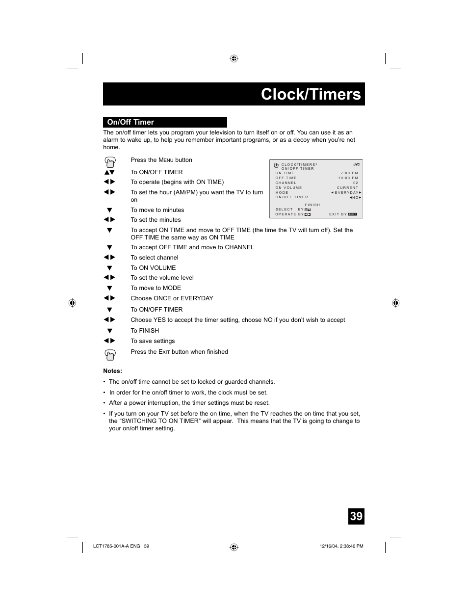 Clock/timers, On/off timer | JVC AV 20F476 User Manual | Page 39 / 52