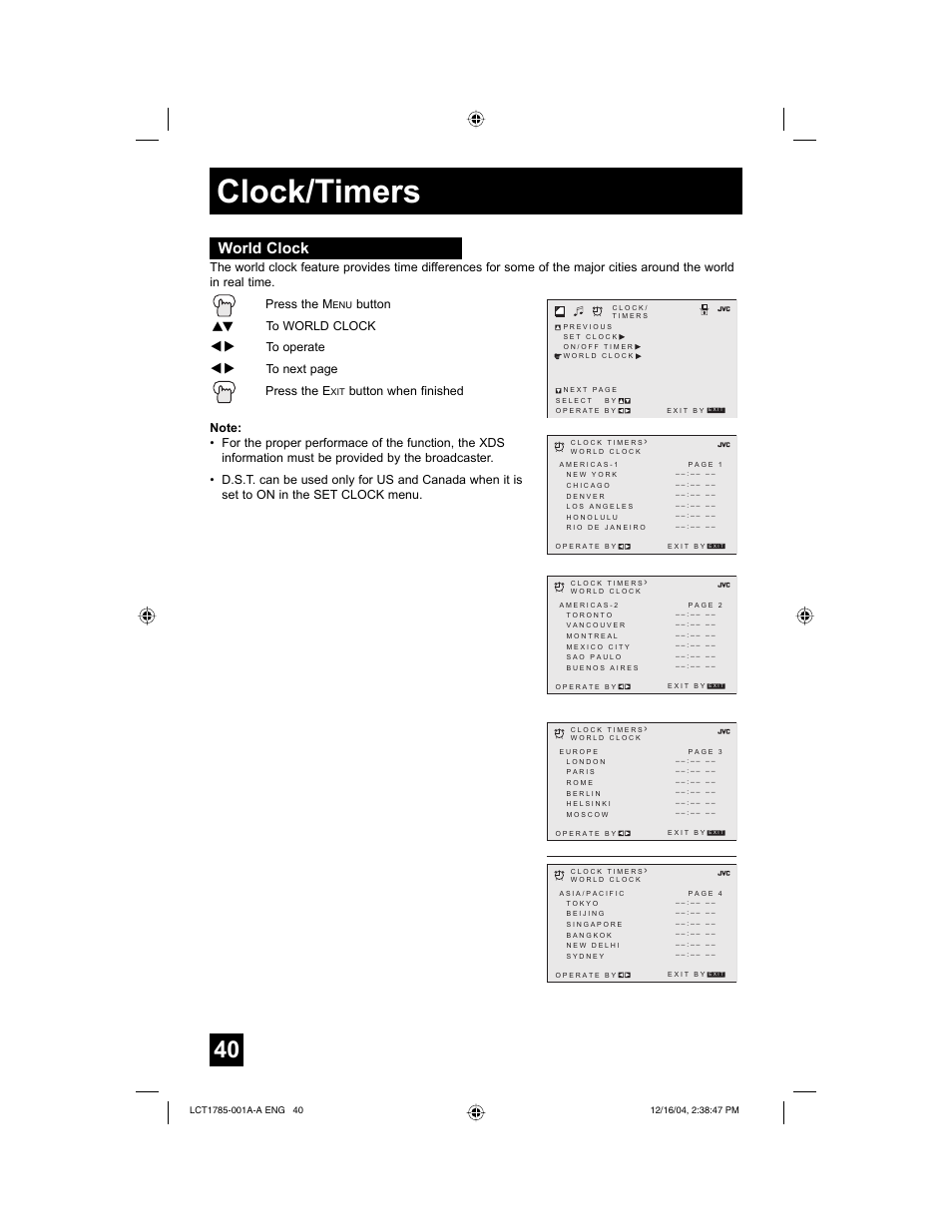 Clock/timers, World clock, Button π† to world clock | JVC AV 20F476 User Manual | Page 40 / 52