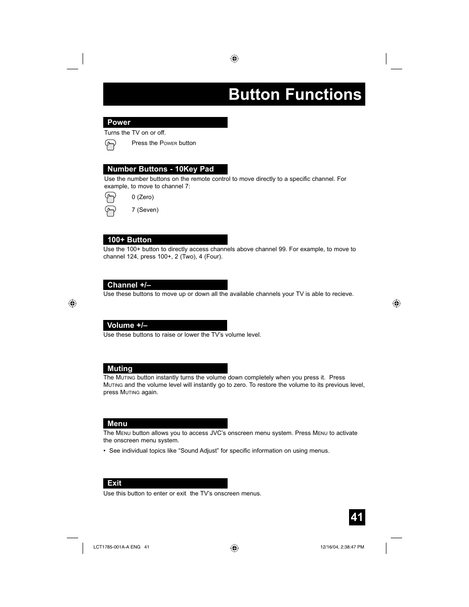 Button functions | JVC AV 20F476 User Manual | Page 41 / 52