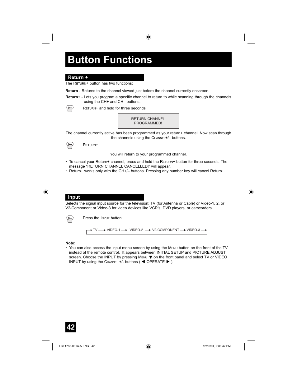 Button functions | JVC AV 20F476 User Manual | Page 42 / 52