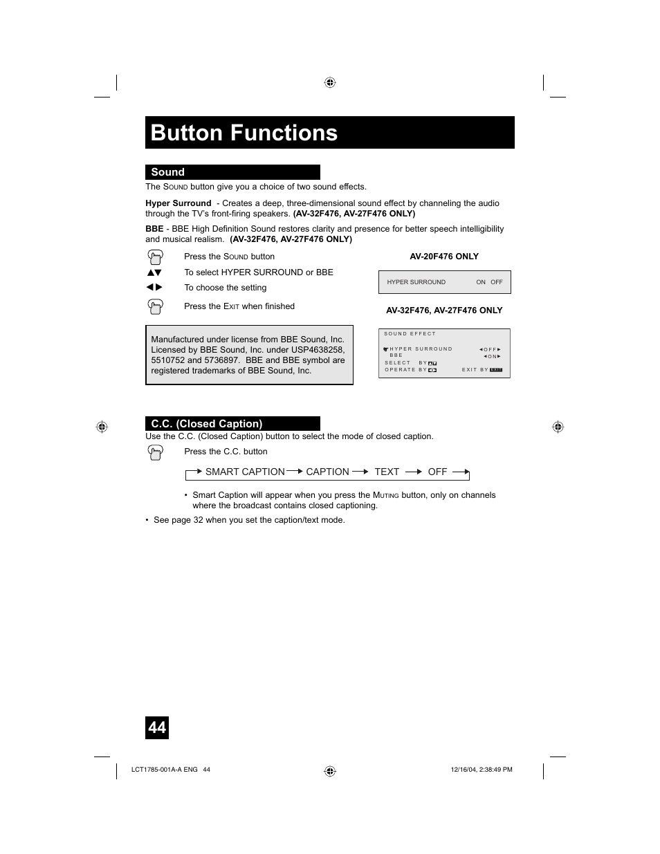 Button functions | JVC AV 20F476 User Manual | Page 44 / 52