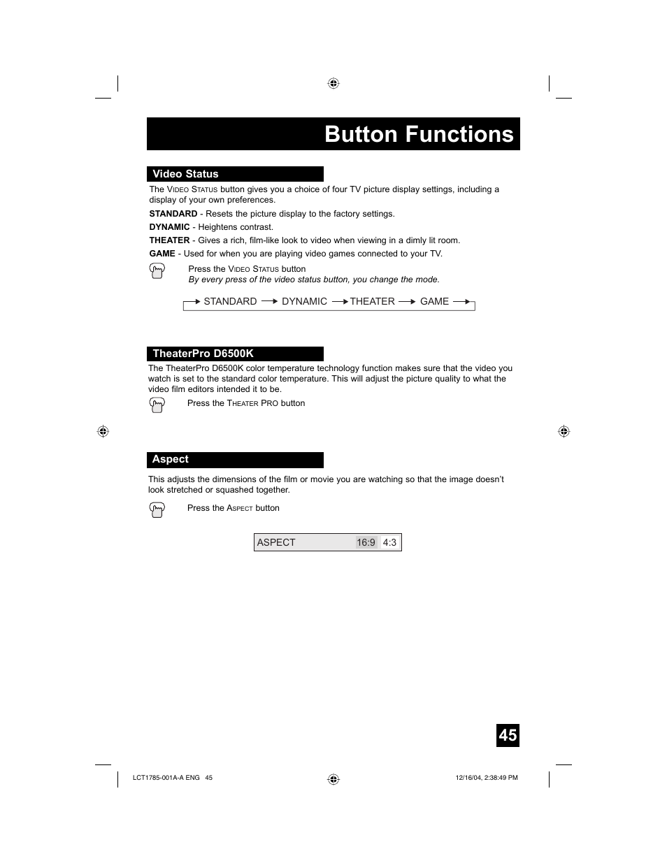 Button functions | JVC AV 20F476 User Manual | Page 45 / 52